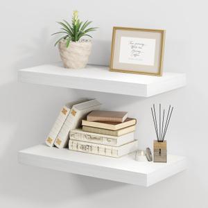 Fun Memories White Floating Shelves 16 Inch Long, 8 Deep Floating Shelf Wall Mounted, 16 x 8 Inch Wooden Bathroom Shelves, Deep Storage Shelves for Living Room, Kitchen, Set of 2