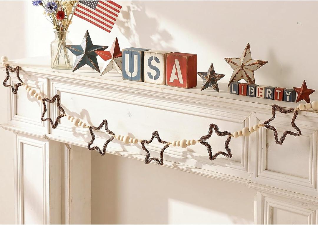 4th of July Garland Decorations, Farmhouse Patriotic Banner with Rattan Stars and Wooden Beads, Rustic Fourth of July Decorations Indoor for Mantel Fireplace, 250th Anniversary Independence Day Decor