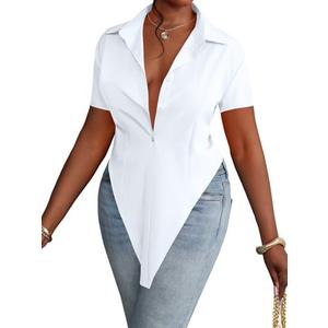 LYANER Women's Collar V Neck Button Front Short Sleeve Slit Hem Long Shirt Blouse Top, size small