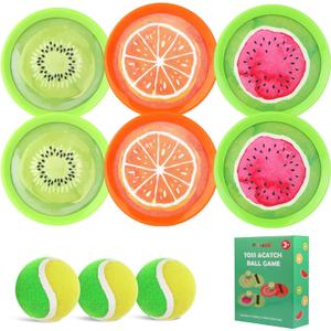 Toss and Catch Ball Game Set - Fruit Design Catch Game for Kids Adults Beach Yard Lawn Outdoor Indoor 6 Sticky Paddles 3 Balls and 1 Storage Bag (Multicolored)