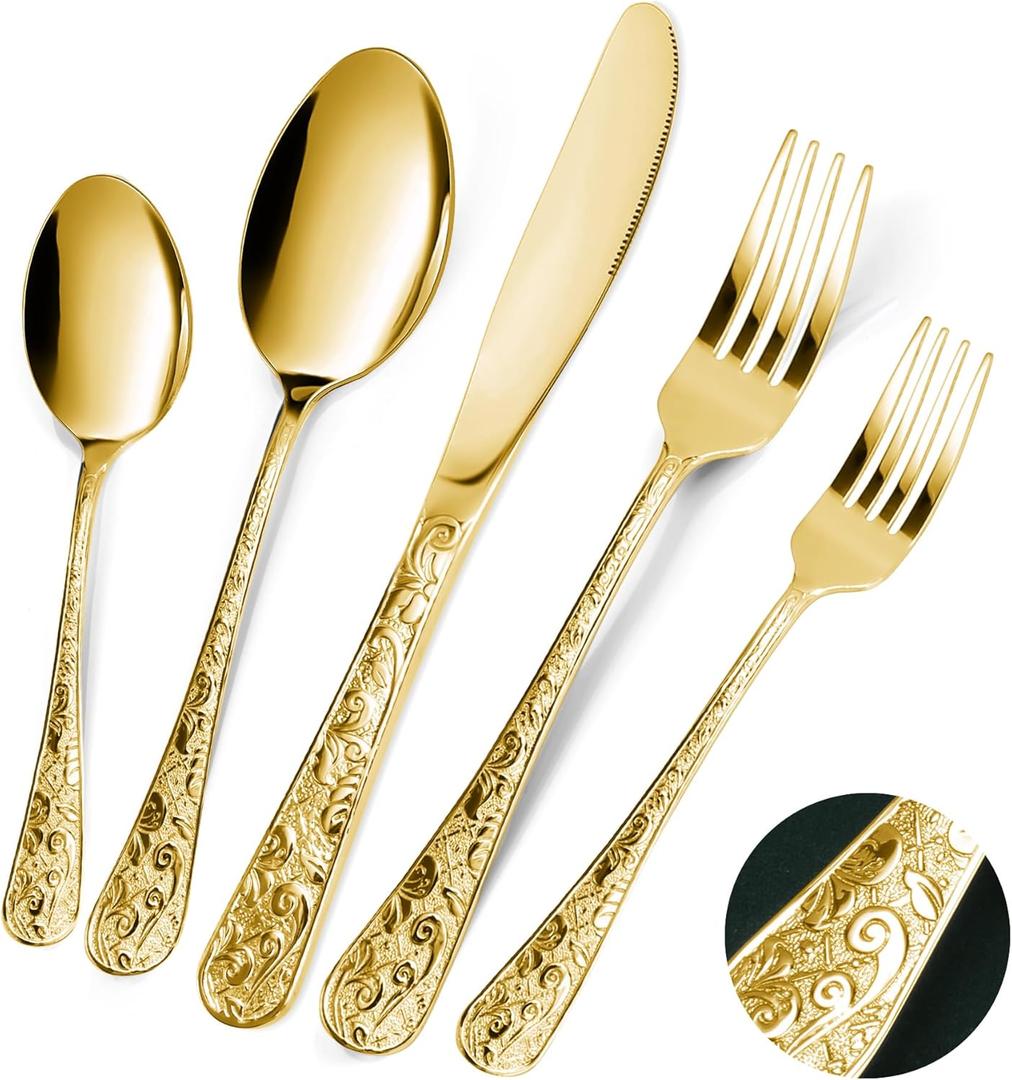 Gold Silverware Set, 30 Pieces Vintage Carved Flatware Set for 6, Stainless Steel Cutlery Set with Knife/Fork/Spoon,Utensil Set for Home and Kitchen, Dishwasher Safe