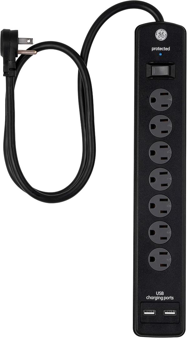 GE Pro 7-Outlet Surge Protector, 2 USB Ports, 3 Ft Power Cord, 1300 Joules, Flat Plug, Twist to Close Safety Covers, Indicator Light, Power Filter, Circuit Breaker, UL Listed, Black, 33664
