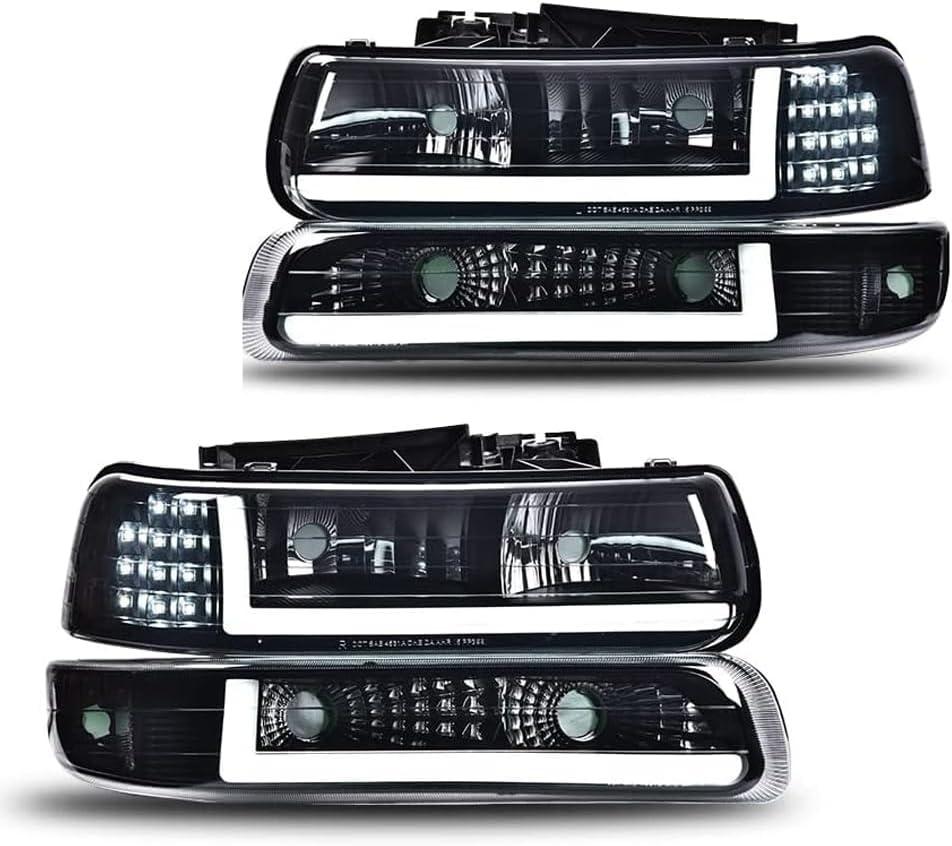 CNNELL LED DRL Headlight Compatible with Chevy Silverado 1999-2002 | Headlamps Assembly Bumper Headlamps Smoky lens Black Housing Clear Reflector 15199559 15199558 16526133 GM2521173