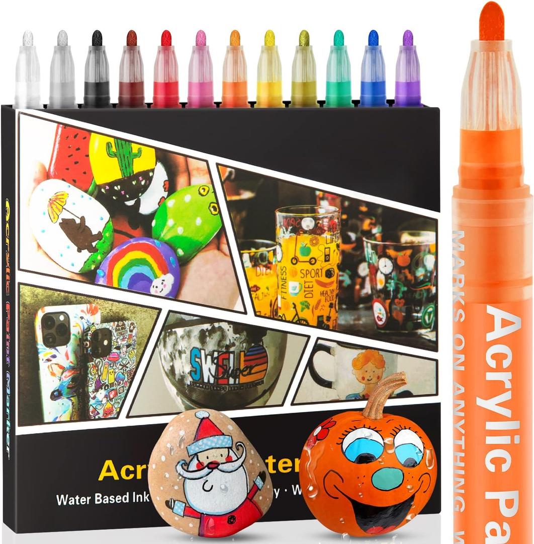 Acrylic Paint Pens Markers -12 Color Waterproof Paint Pens for Rock Painting,Graffiti, Stone, Ceramic, Glass, Wood, Fabric, Canvas, Porcelain, Metal,Water Based Quick Dry Non-Toxic