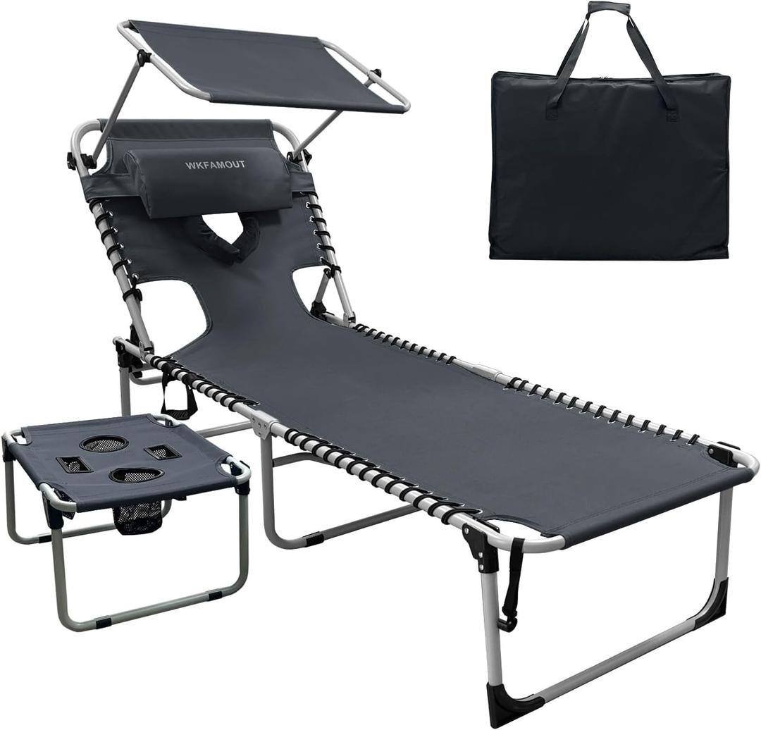 Outdoor Tanning Chair with Sun Canopy Shade & Face Hole, Folding Lounge Chair with Beach Table and Carry Bag for Poolside Sunbathing Lawn, 74.8"*23.23"