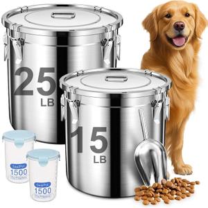 Dog Food Storage Containers, Large Stainless Steel Pet Food Storage Containers 38 lb / 17 kg to Keep Fresh, Metal Airtight Cat Food Containers With Scoop and 2 Small Containers
