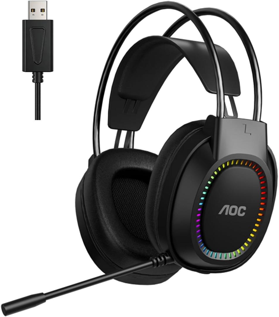 AOC Wired Gaming Headset with Mic, USB Gaming Headphone with Stereo Sound for PC/Laptop/PS4/PS5, 50mm Drivers RGB Corded Headphones for Game/Work/Music, ACG2500