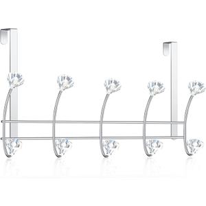 Over The Door Towel Hooks with Crystal Knobs, 10 Hook Heavy Duty Doors Hanger Rack for Bathroom, No Drill Slim Over Door Organizer for Bedroom Closet, Holds Coats Towels Robes Bags Purse (Silvery)