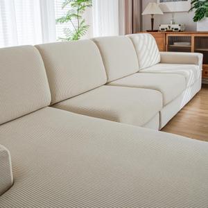 QIANMEW Couch Cushion Covers, Comfort Soft Magic Sofa Covers Washable Stretch Resistant Slipcovers for Sectional and L Shaped Seats Furniture Protectors for Pets (2 Seaters Covers, Ivory)