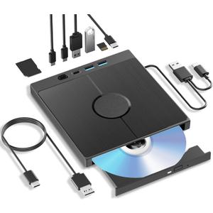 7-in-1 External Blu-ray Drive, External Bluray Burner Support 100G Disc, External Blueray/DVD Drive for PC with USB 3.0/Type-C/SD/TF Card Ports, USB Blu Ray Drive External for Windows Mac OS Linux