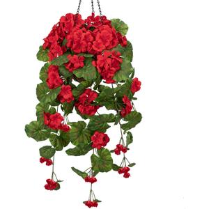 Briful Artificial Hanging Basket for Outdoor, Red Geraniums Fake Hanging Flowers Realistic Silk Flowers & Greenery Faux Hanging Baskets for Indoor Patio Balcony Ceiling