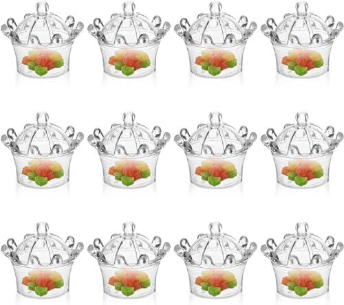 Jenngaoo 12Pcs Crown Plastic Candy Boxes, Clear Mini Treat Containers Candy Jars Gift Boxes for Wedding Party Decorations Supplies Gift Ornament Container (Clear)