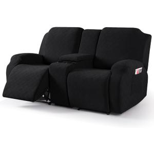 VANSOFY Recliner Loveseat Cover with Middle Console Stretch Reclining Sofa Slipcover for 2 Seat Jacquard Reclining Couch Sofa Covers Furniture Protector with Elastic Straps Bottom (Black)