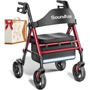 SOUNDFUSE Walkers for Seniors, Rollator Walker with Seat, 8" All Terrain Wheels, Double Support Bar, 16" Ergonomic Arc Seat and Comfortable Backrest, Dual Height Adjustable and Foldable Design