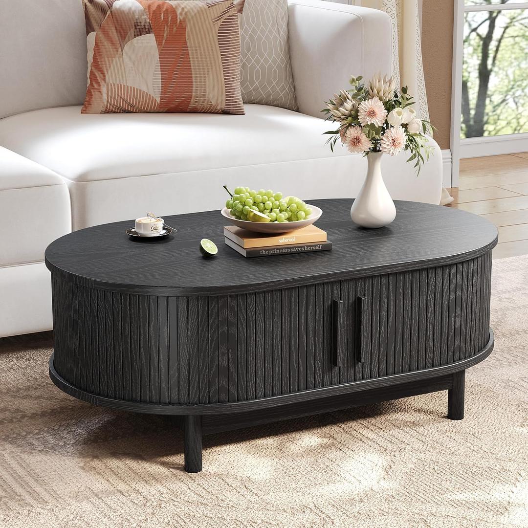 Oval Fluted Coffee Table, 40” Mid Century Modern Center Table with Large Storage, Tea Table with Sliding Tambour Door, Farmhouse Coffee Table for Living Room, Office, Bedroom, Black, 40.0"