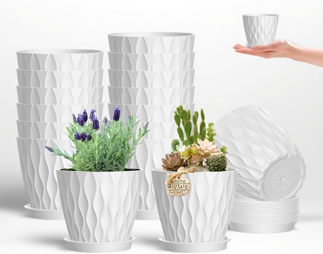 zople 16 Pack 4 Inch Plastic Planter Pots with Tray, Heavy Duty Indoor Outdoor Planter Pots with 48 Drainage Holes for Herbs, Succulents, Seedlings, Flowers Durable and Lightweight White
