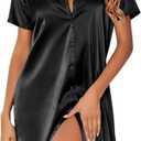 Ekouaer Satin Nightshirt for Women Button Down Nightgown Silk Short Sleeve Sleepshirt Notch Collar Sleepwear S-3XL (Black, XXXL)