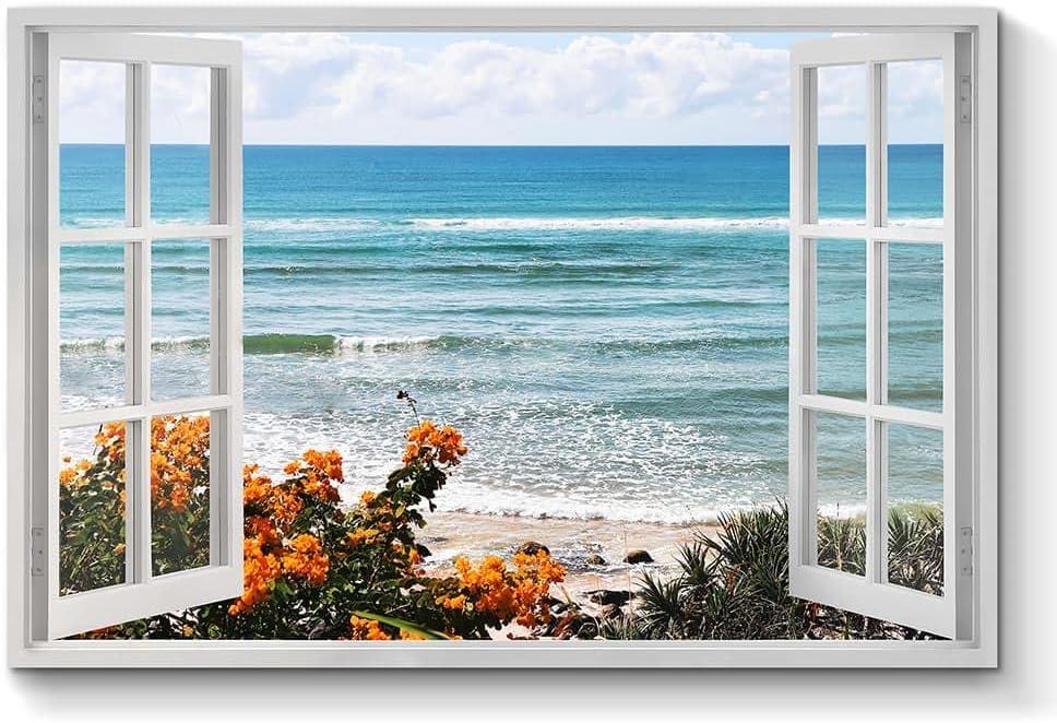 TAR TAR STUDIO Open Window Beach Wall Art: Seaside Flowers Canvas Picture Wave Seascape Artwork Nature Coastal Themed Prints for Living Room Bedroom (24L" x 16W")