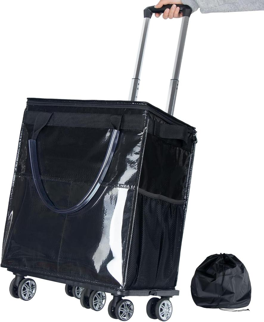 Reusable Grocery Bags on Wheels, Rolling Tote Bag, Portable Shopping Cart for Groceries with Wheels and Drawstring Bag, Trolley, 54L, Foldable, Black