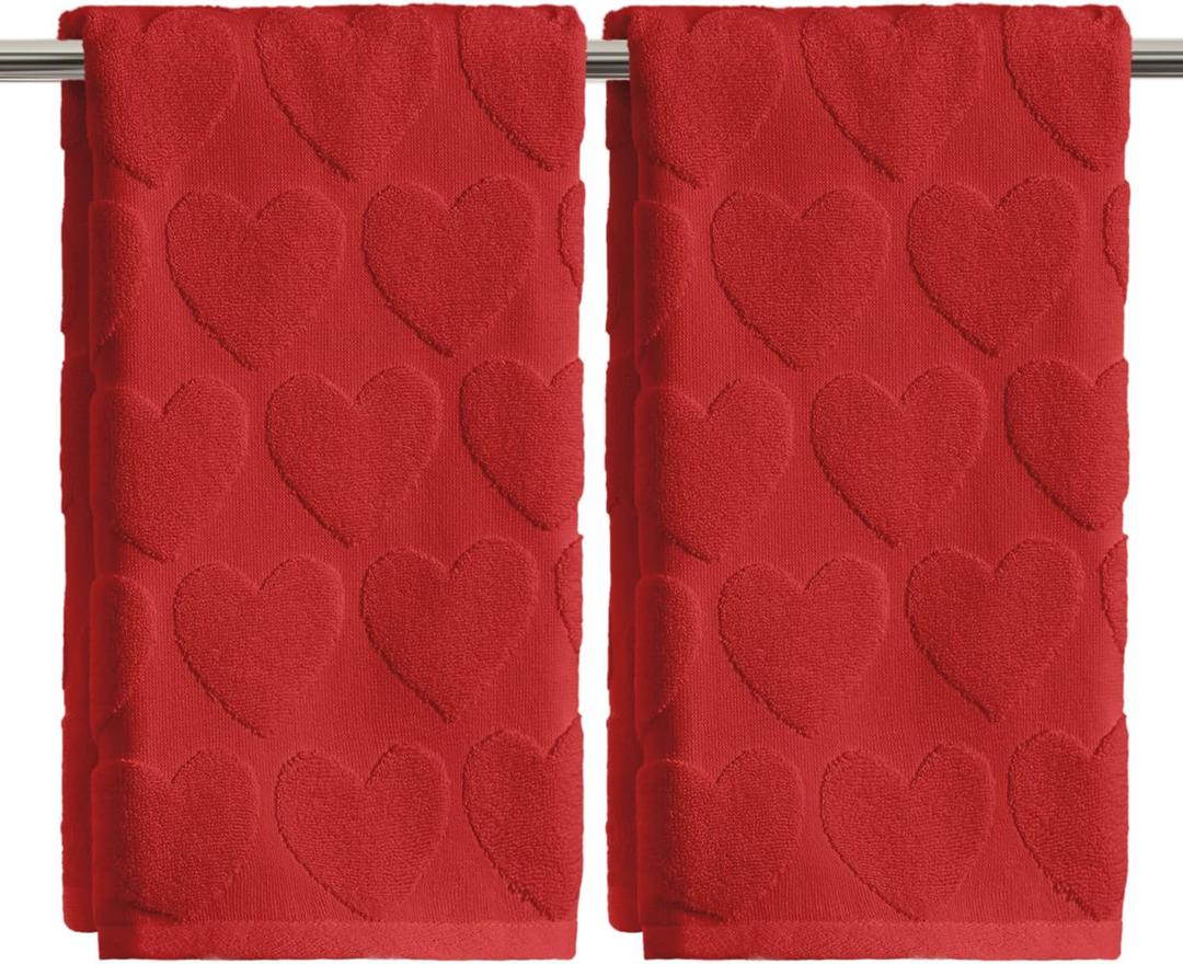 Artoid Mode 2 Pcs Red 3D Love Heart Jacquard Valentine Hand Towels for Bathroom, 100% Cotton Soft Absorbent Bathroom Decor Towels, 13.7 x 29.5 Inch