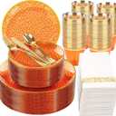 Rubtlamp 350 Pcs Plastic Dinnerware Set (50 Guests), Orange And Gold Plastic Plates, Hammered Party Plates Set Include Dinner Plates, Dessert Plates, Cups&Cutlery Set And Napkins for Wedding And Party