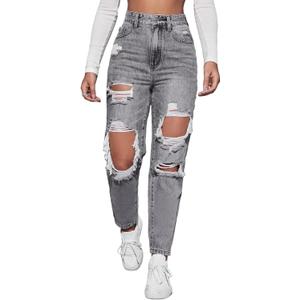Women's High Waist Straight Leg Ripped Jeans Distressed Denim Pants (Black, XL)