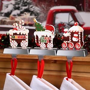 Alupssuc 3 Pcs Christmas Stocking Holders for Mantle, Christmas Stocking Hangers for Fireplace-Weighted Stocking Hooks for Mantel&Christmas Holiday Party Decoration-Candy Train