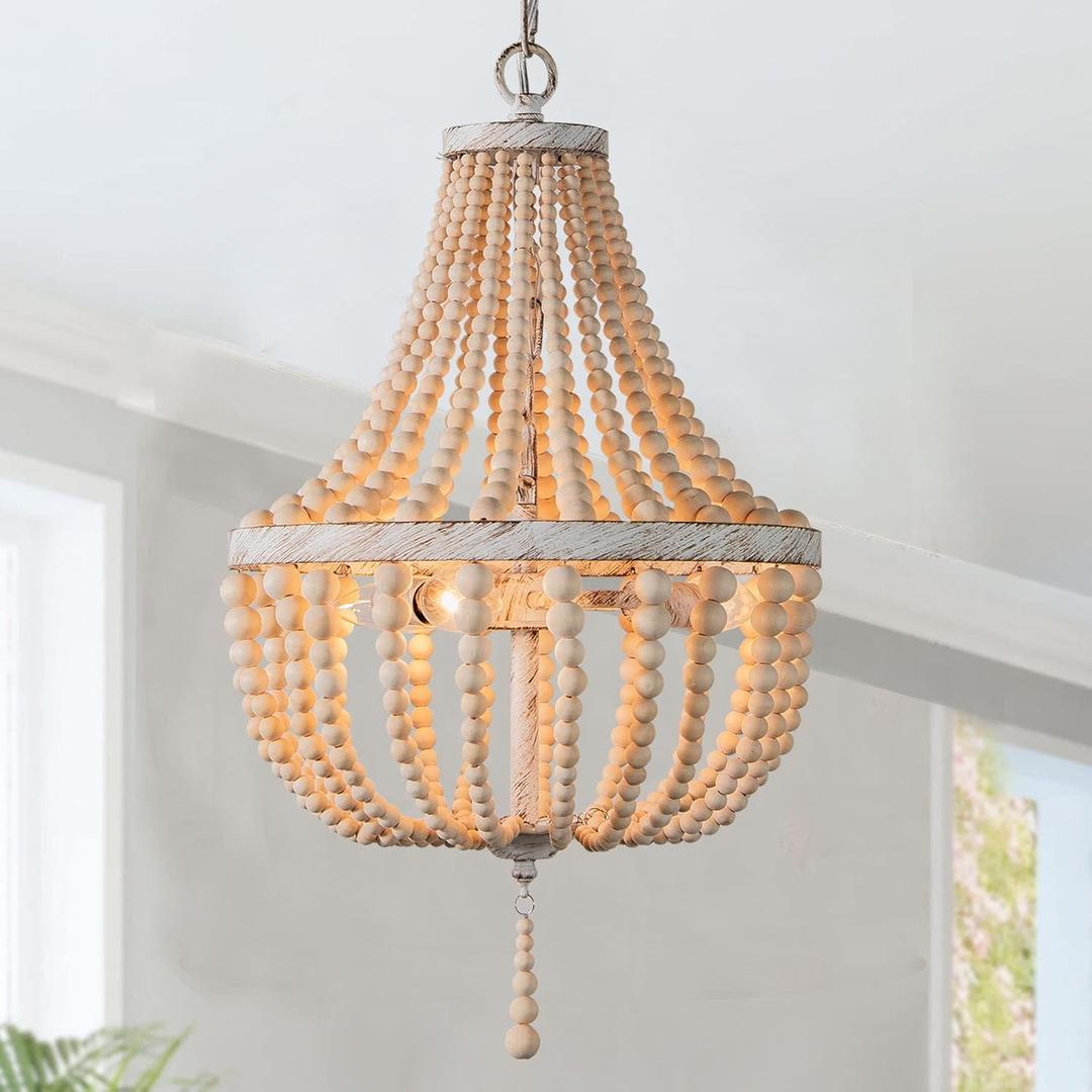 Topaluce 3Lights Wood Bead Chandelier Boho Light Fixture,Antique Rustic Metal White Oak Beaded Chandelier Kitchen Island Pendant Lighting for Dining Room,Bedroom,Entryway,Foyer