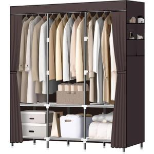 LOKEME Wardrobe Closet,Portable Closet for Bedroom Steel Pipe Diameter 19mm Strong and Sturdy Coffee Colored Portable Closets for Hanging Clothes with 3 Hanging rods, 6 Storage Shelves and Side Pocket