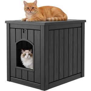 Outdoor Cat House Weatherproof, Resin Cat Houses for Outdoor Indoor Cats, Cat Box Enclosure, Easy to Assemble & Clean, Black