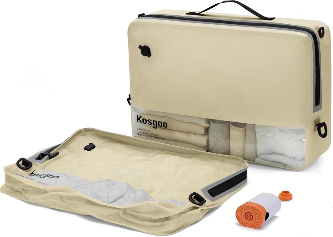 Vacuum Compression Bags for Travel with Pump Reusable for Carry-on Suitcase Backpack Home Storage, IP67 Waterproof, Wide Opening, Transparent Window (1 Large Pack + Pump Beige)