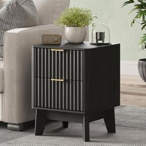 Fluted Nightstand,Modern End Table with Metal Handle,2 Storage Drawers Side Table,Bedside Table for Bedroom,Wood Nightstands,Curved Profile Design Furnitue,Black