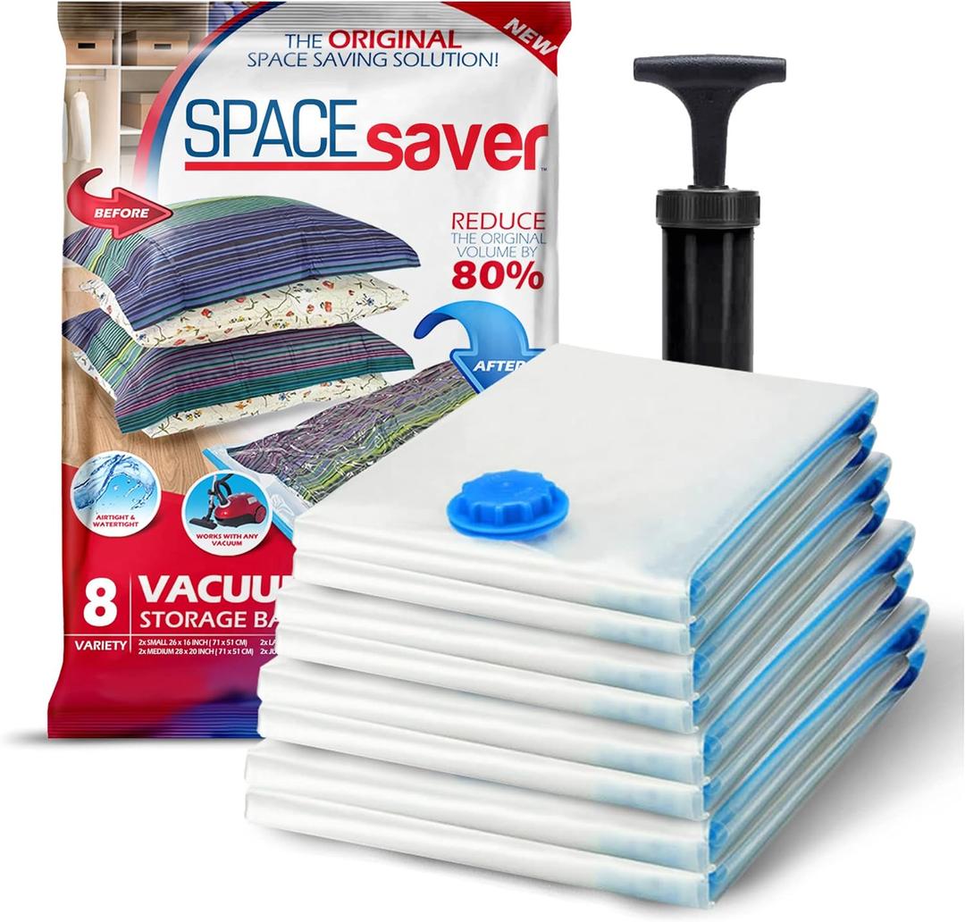 Spacesaver Vacuum Storage Bags with Hand Pump - Vacuum Seal Bags for Clothing, Comforters, Blankets - Reusable Compression Bags for Travel, Moving, Organization - 2S, 2M, 2L, 2XL Sizes - Pack of 8, 2S, 2M, 2L & 2J