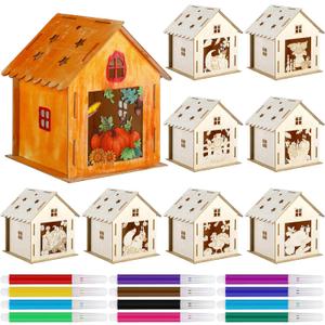 Soaoo 9 Sets Thanksgiving Wooden House with 12 Pcs Watercolor Pens Fall Wooden Houses for Crafts Kids' Wood Craft Kits for Thanksgiving Party Supplies DIY Paint Art