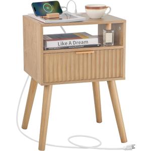 Night Stand with Charger Station, Wood NightStand with Drawer and Open Shelf, Fluted Bedside Table Side Table with Solid Wood Legs for Living Room, Bedroom and Small Space (Rustic Walnut)