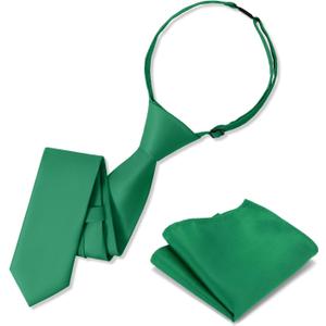 Boys Tie Pocket Square Set Pre-tied Adjustable Kids Solid Color Necktie for Age 8-12 Years with Gift Box (Emerald Green)