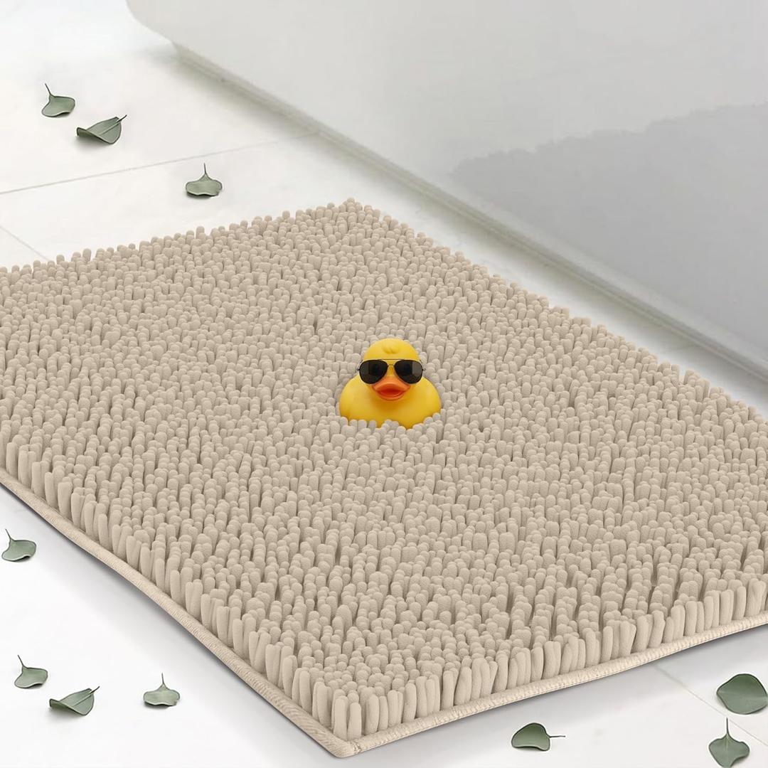 ITSOFT Plush Bathroom Rug 47"x21", Absorbent Machine Washable Non Slip Chenille Bath Mats, Quick Dry Bathmat, Bath Rugs for Bath, Shower, Bedroom, or Door Mat, Beige