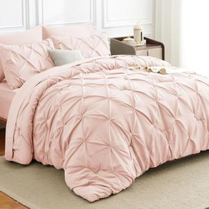 HIMEET Pintuck Bed in a Bag, 7 Pieces Queen Size Comforter Set Blush Pink, Pinch Pleat Bed in a Bag, Soft All Season Bedding Sets with Comforter, Flat Sheet, Fitted Sheet and Pillowcases & Shams