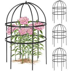 HEYTIMI 4 Pcs Jardin Bird Cage Plant Support 24" H Large Sturdy Grow-Through Flower Support Peony Cage Climbing Plant Support Trellis Sculptural Garden Decor for Perennial Flowers (Vintage Gold)