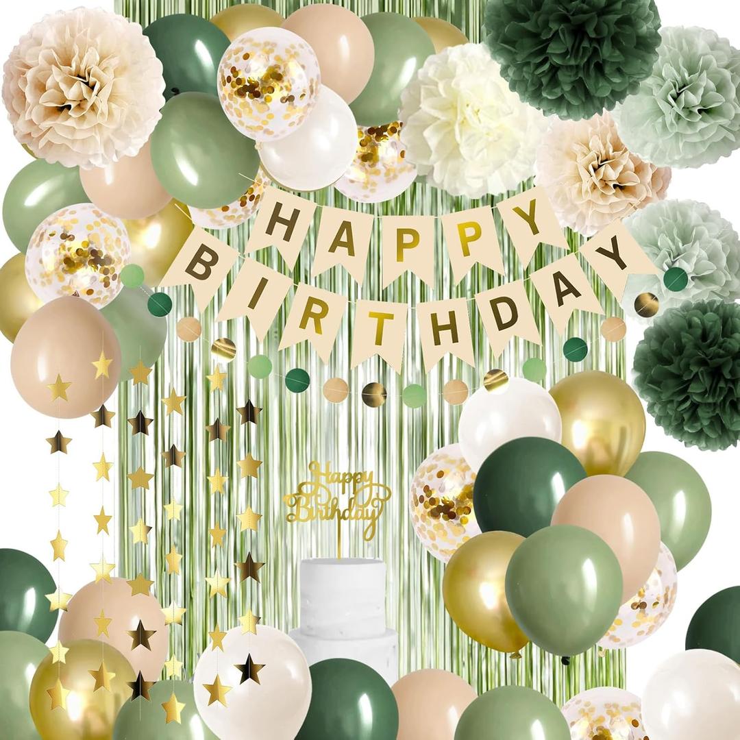 Sage Green Birthday Decorations Olive Green Happy Birthday Party Decorations Nude Retro Gold Balloon Banner Paper Pom Poms Greenery Neutral Rustic Dcor Supplies Baby Girls Women