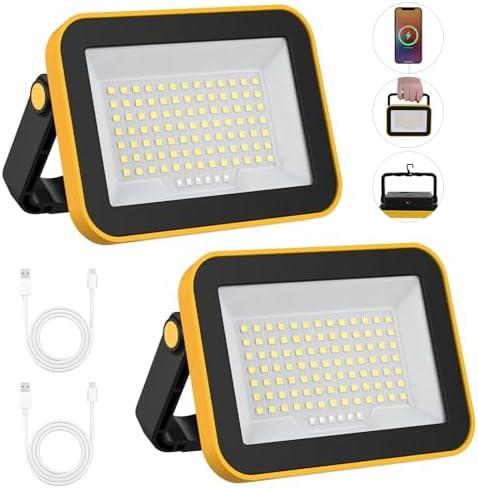 2 Pack Rechargeable Work Light, T-SUNUS Super Bright Portable SMD Flood Lights 5 Modes Battery Powered Job Site Lighting with Stand 180° Adjustable for Car Repairing Camping Fishing Hiking Emergency