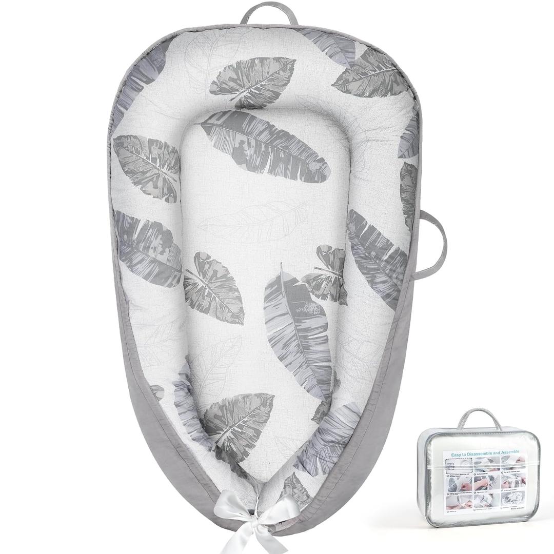 KISS GOLD Baby Lounger - Breathable Soft Cotton Cover Baby Lounger Nest, Babies Essentials Gifts, Portable Lounger for Baby Tummy Time Floor Playing Seated Support for Home and Travel (Grey Feather)