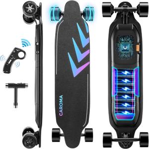 Caroma Electric Skateboards Glow in The Dark, 1200W Powerful Motor, 28MPH Top Speed, 4/6AH Battery, 16/28Miles Max Range, 4 Speed Mode Remote Control, Electric Longboard for Adults&Teens (4AH Arrow Blue)