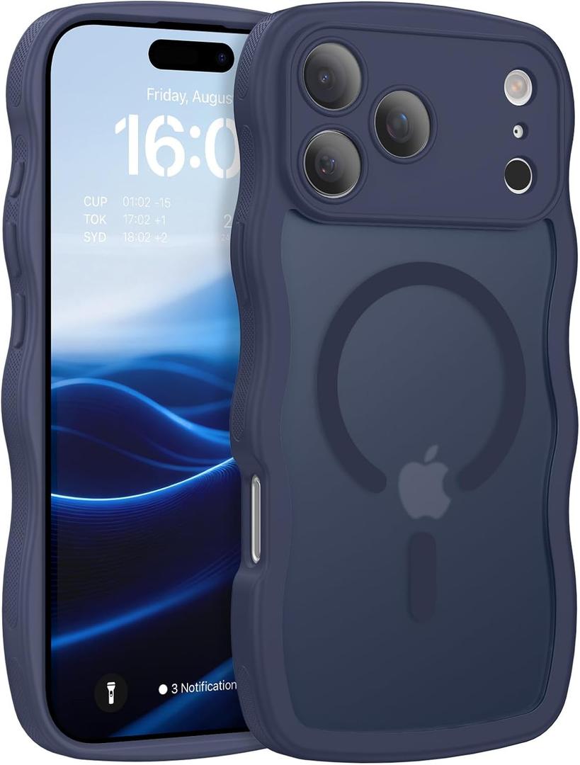 BENTOBEN Magnetic for iPhone 17 Pro Max Case, Cute Wavy [Full Camera Protection][Compatible with MagSafe] Matte Anti-Slip Bumper Women Men Boys Protective Cover for 17 ProMax 6.9", Deep Blue