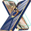 Gritup for Samsung Galaxy S24 Plus Case: with 2Pcs Screen Protector, 360 Rotation Ring Holder Magnetic Kickstand Plating Gold Edge Soft TPU Shockproof Protective Cover for S24 Plus, Blue