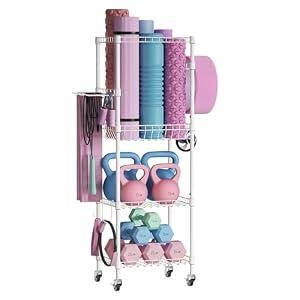 VOPEAK Home Gym Storage Rack with Wheels, Yoga Mat Storage Organizer for Kettlebells, Dumbbells, Resistance Bands, Space Saving 3-Tier Weight Rack for Home Gym, Garage, Easy to Install (White)
