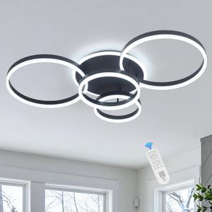 4-Rings Modern LED Chandelier with Remote Semi-Flush Mount Ceiling Light Dimmable 39’’ Black Ceiling Lamp with Remote for Living Room Dining Room (3000K-6500K), D39inch