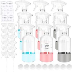 ZENOWICK 9 PACK/16 OZ Glass Spray Bottles with Upgraded Adjustable Spray Nozzle, Refillable Containers with Silicone Sleeve, Spray Bottle for Hair&Cleaning Solutions&Essential Oils-Pink Blue Gray