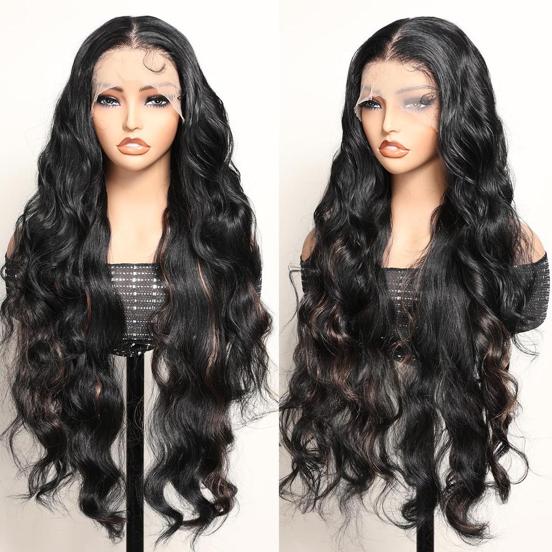 SOKU Body Wave Lace Front Wig Synthetic, 13x6 HD Transparent Lace, Pre-Plucked with Baby Hair, 32 Inch Long Wave Black with Brown Highlights Lace Frontal Wigs for Black Women