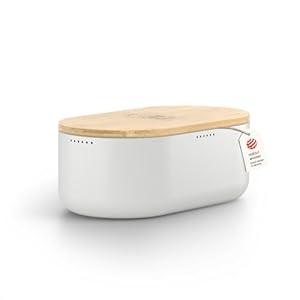 LARS NYSM Bread Box I Metal Box For Long Lasting Freshness I Bread Bin With Bamboo Lid Usable As Cutting Board I 13.8x7.7x5.3 In (Pure White )